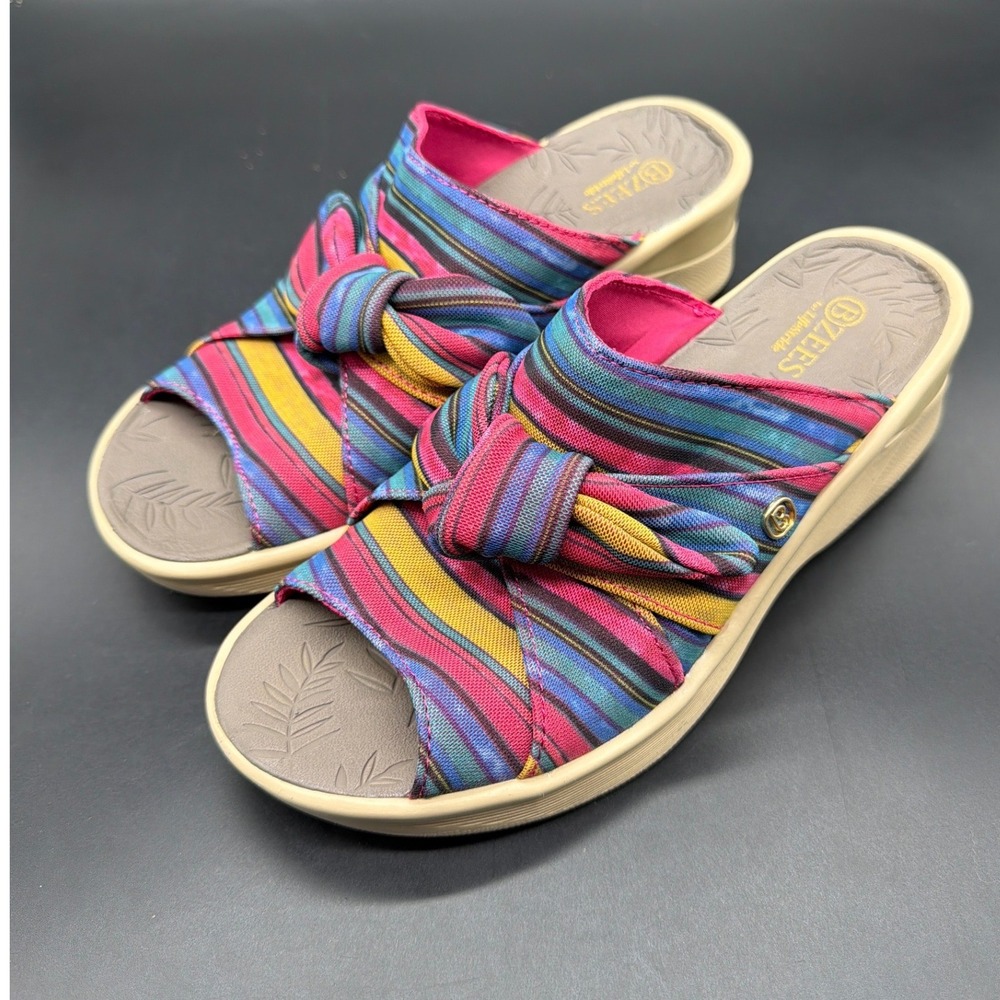 Bzees Smile Women 7M Multi Color Striped Knotted Wedge Slide Sandals Pink Blue